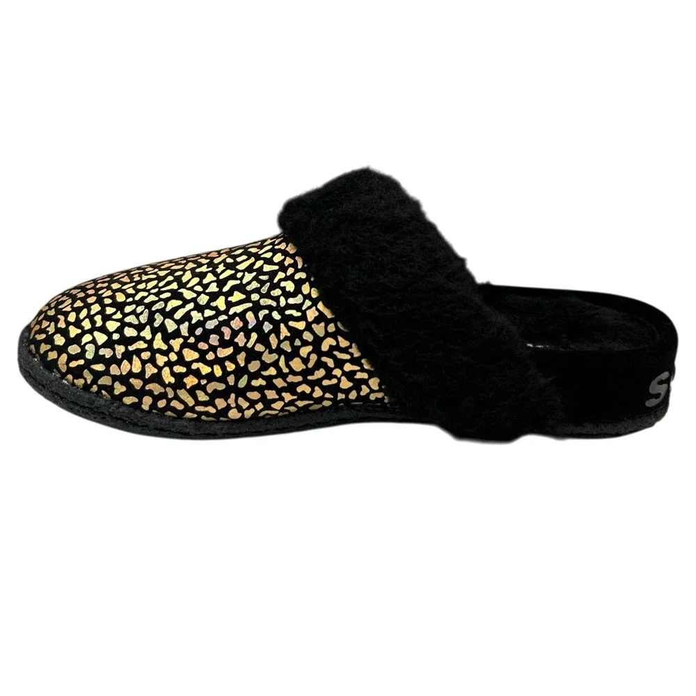 SOREL Nakiska Youth‎ Girls Faux Fur Slippers Size 2 Black Gold Animal Print Warm